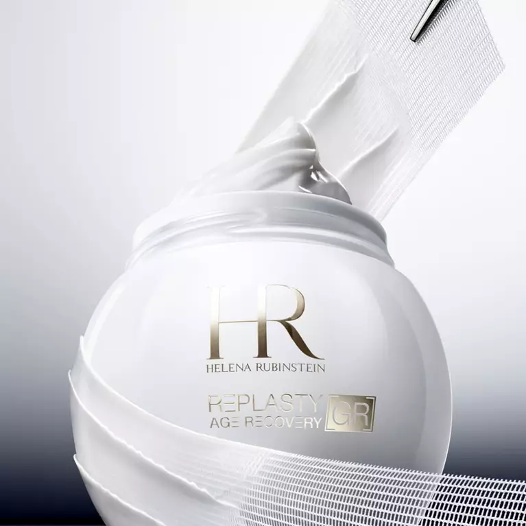 Helena Rubinstein Replasty Age Recovery GR jar wrapped in a white mesh bandage texture